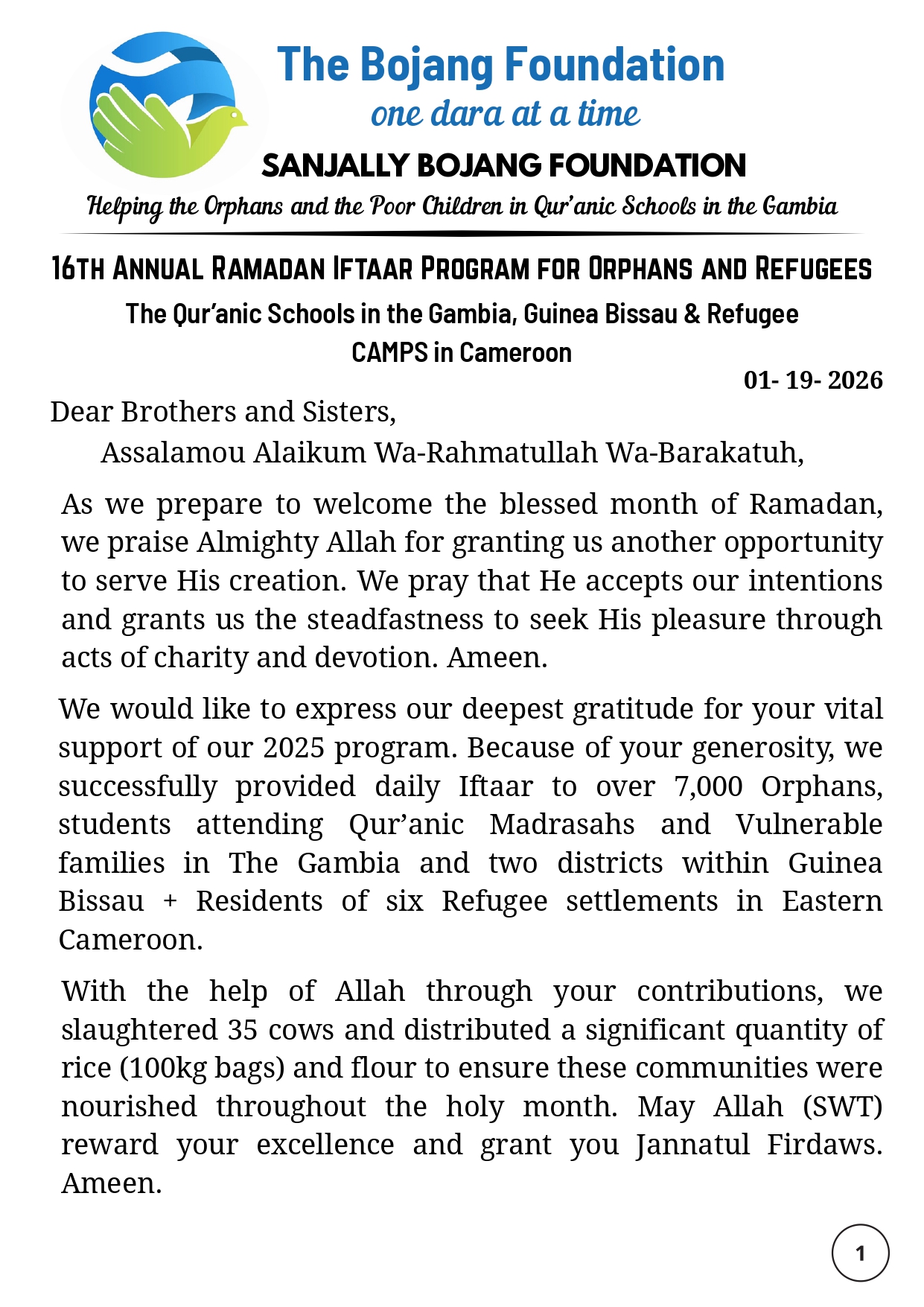 Orphan Iftaar Program Letter